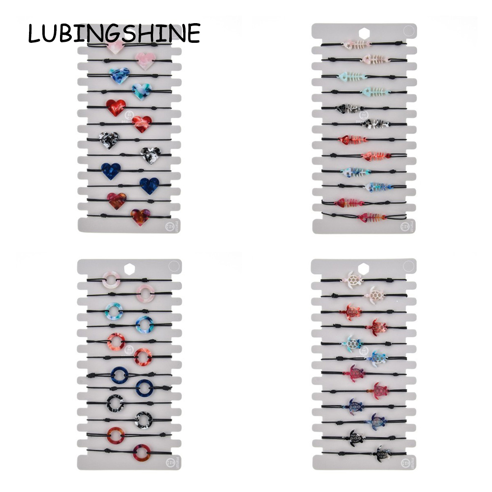 

Boho Women 12pcs/Set Acrylic Turtle Heart Charms Bracelet Weave Adjustable Knot ElasticRope Chain Acetate Wristband Jewelry