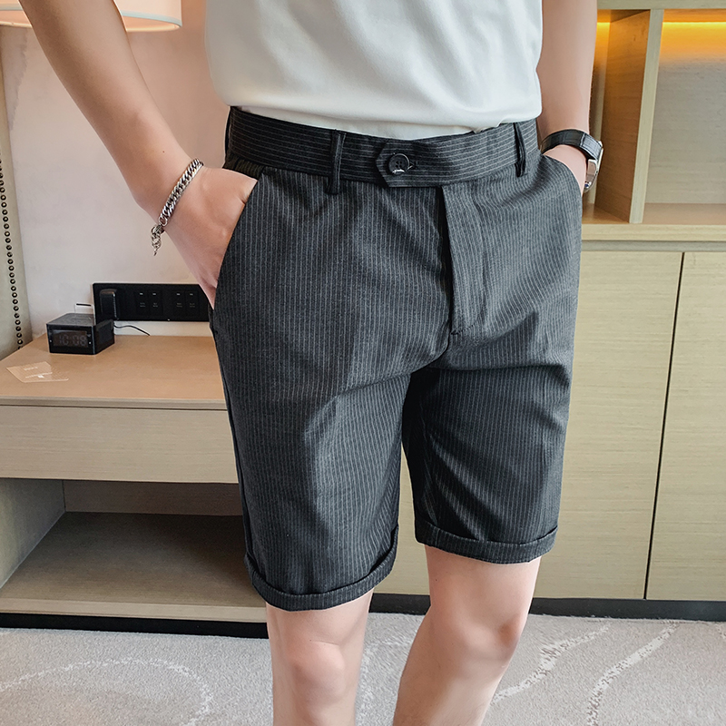 

Pinstripe Pants Mens 2020 Summer Short Suit Pants Grey Office Slim Fit Casual Suit Shorts Social Classic Dress Black