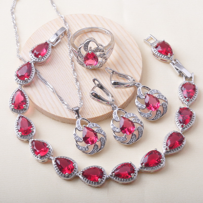

925 Silver Jewelry Sets Bridal jewelry For Women Red Zirconia Bracelet Earrings Ring Pendant Birthday Gift QS0630, As pic
