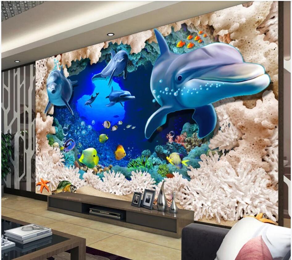 

WDBH 3d wallpaer custom photo Underwater World Beach Coral Dolphin tv background 3d wall murals wallpaper for walls 3 d room home decor, Non-woven wallpaper