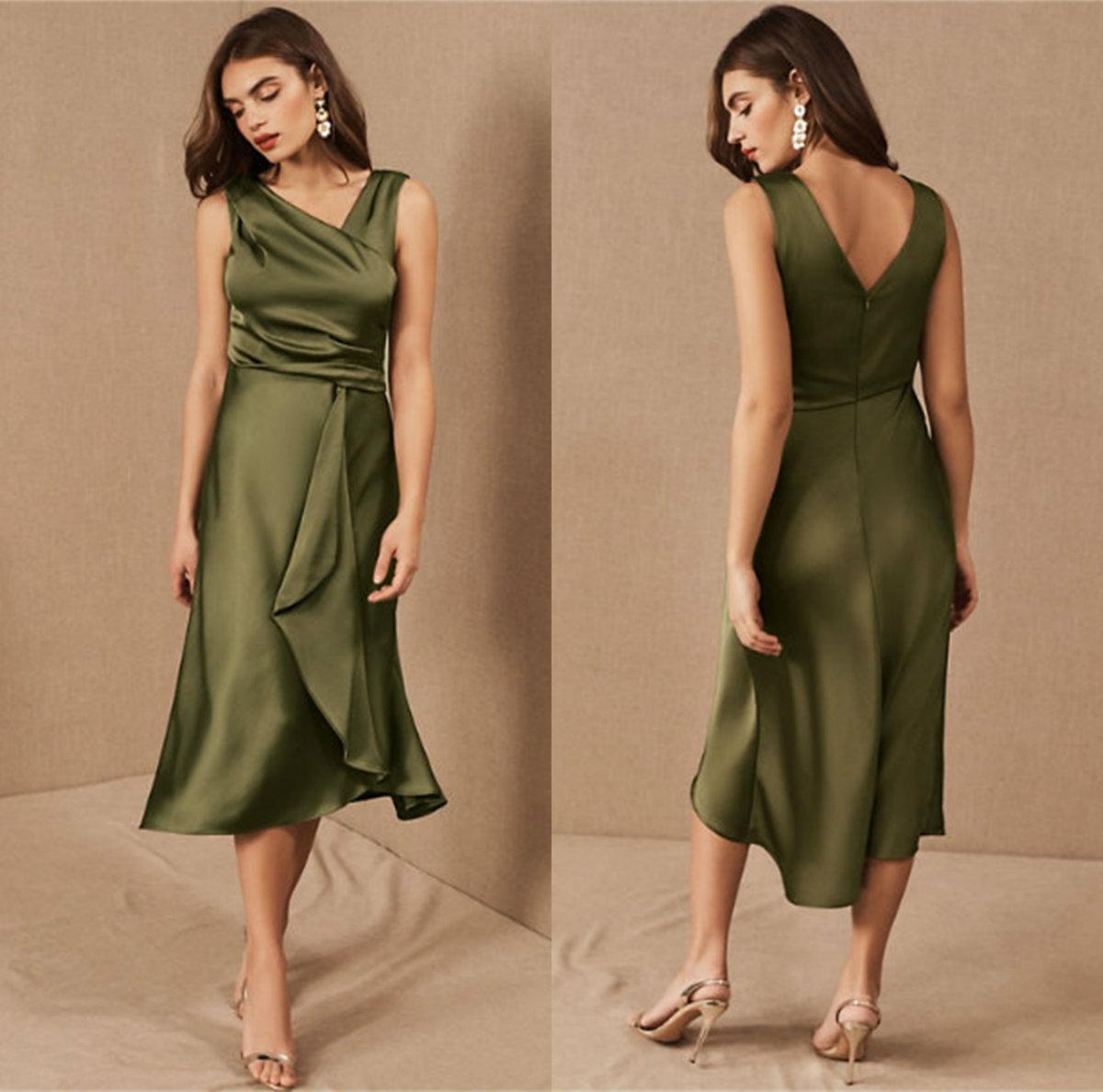 Satin élégante A-ligne mère de la mariée Robes col en V thé longueur courte robe de mariée d'été invité fête officielle Robes