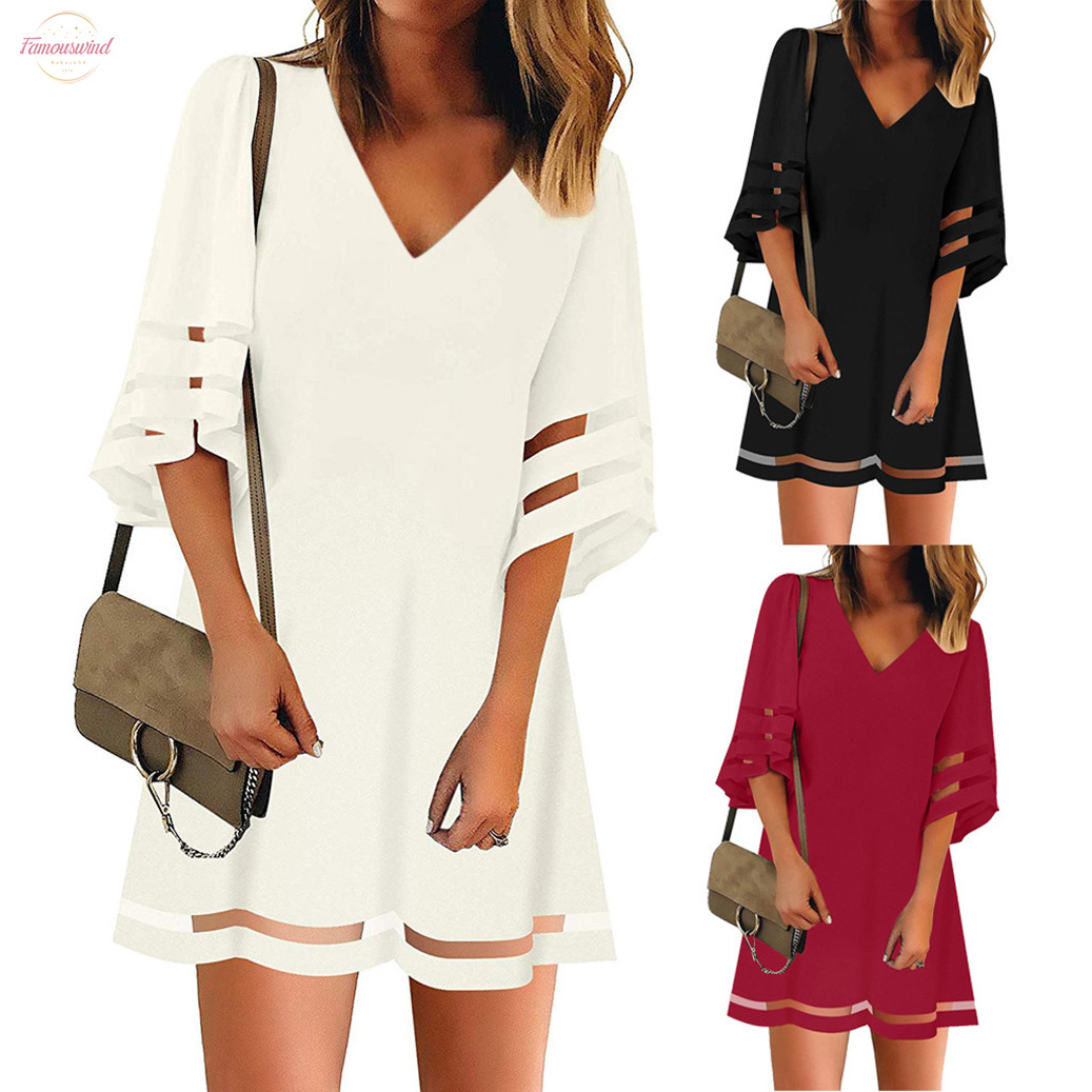 Womens Dresses V Neck Mesh Panel Blouse Three Quarter Bell Sleeve Loose Top White Above Knee Mini Black Red Dress Robe Dété-image-537698874