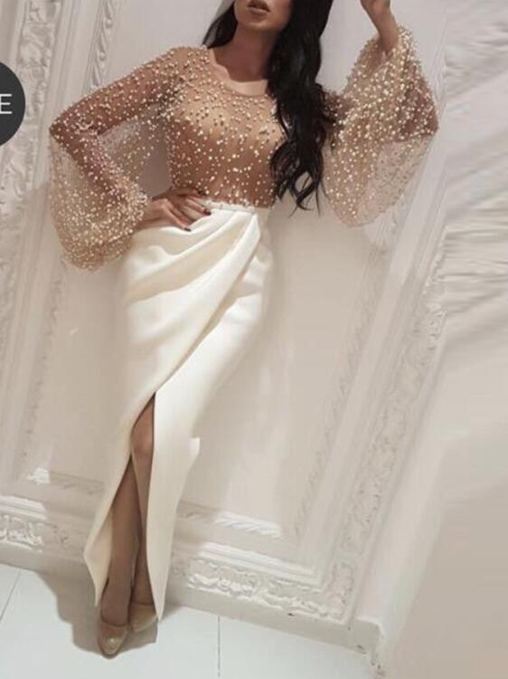 

Muslim Evening Dresses 2019 Sheath Long Sleeves Pearls Slit Sexy Islamic Dubai Saudi Arabic Long Elegant Evening Gown Prom, Black
