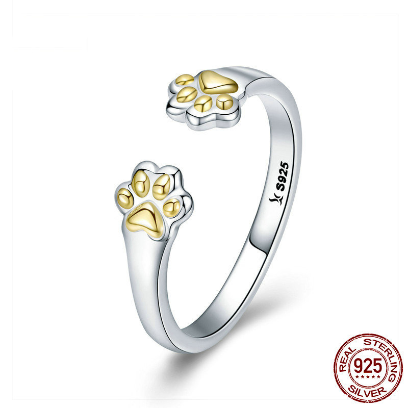 

925 Sterling Silver Footprint Paw Dog Lovely Band Rings For Women ladies Gold Plated design cat girls jewellry