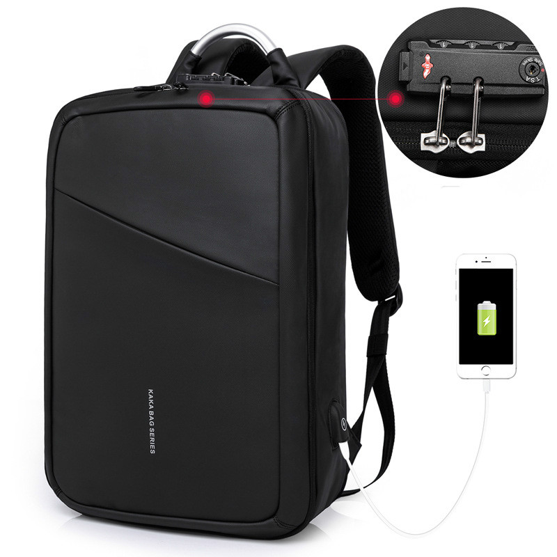 

New Student Bag with USB Business Travel Men's Backpack Anti-theft Computer Backpack High Quality with Lock, Black