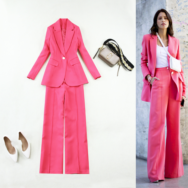 

Set women' fashion women' autumn new fashion slim long-sleeved one button long-sleeved suit jacket + wide-leg pants trousers, Pink
