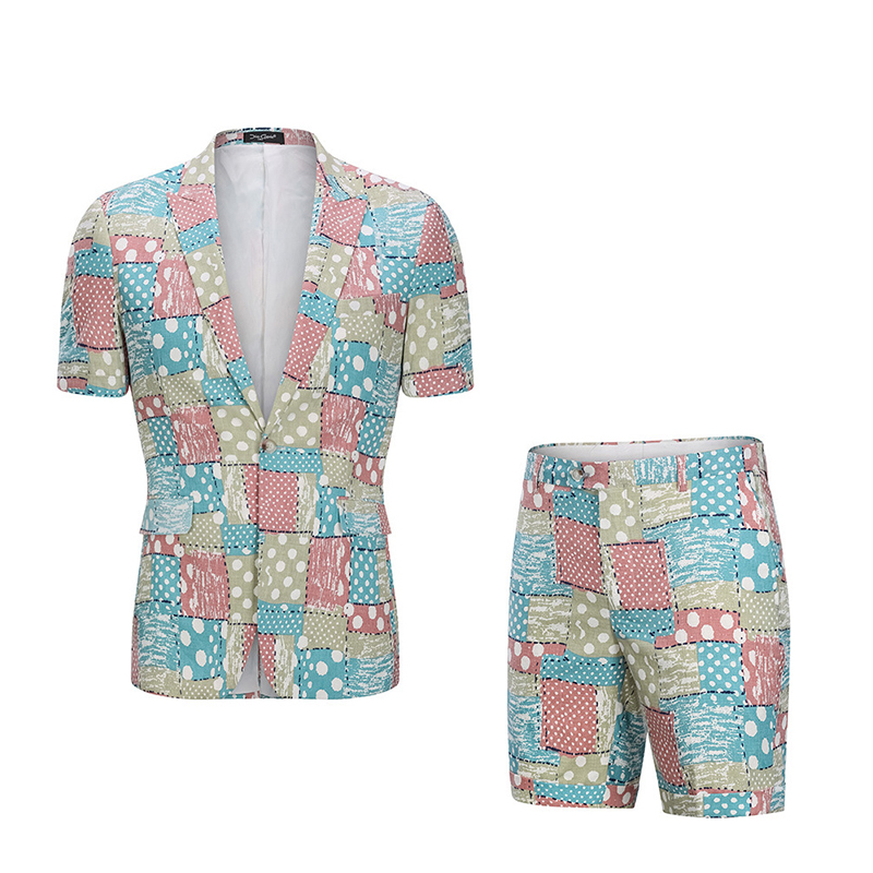 

Men Suit Summer Fashion Slim Fit Short Sleeve Jacket Shorts Two Pieces Casual Suits Hawaii Beach Seaside 100% Cotton US Size, As picture c