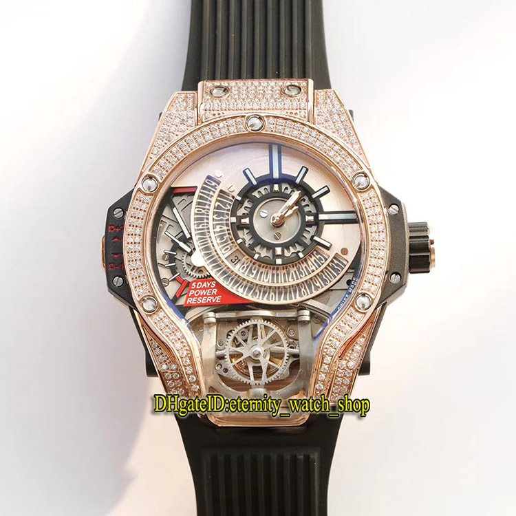 

Best version 45mm 1120 18K Rose Gold Diamond Iced Out Bezel Japan Miyota Automatic Mechanical Mens Watch Steel Case Rubber Sport Watches 09, Box