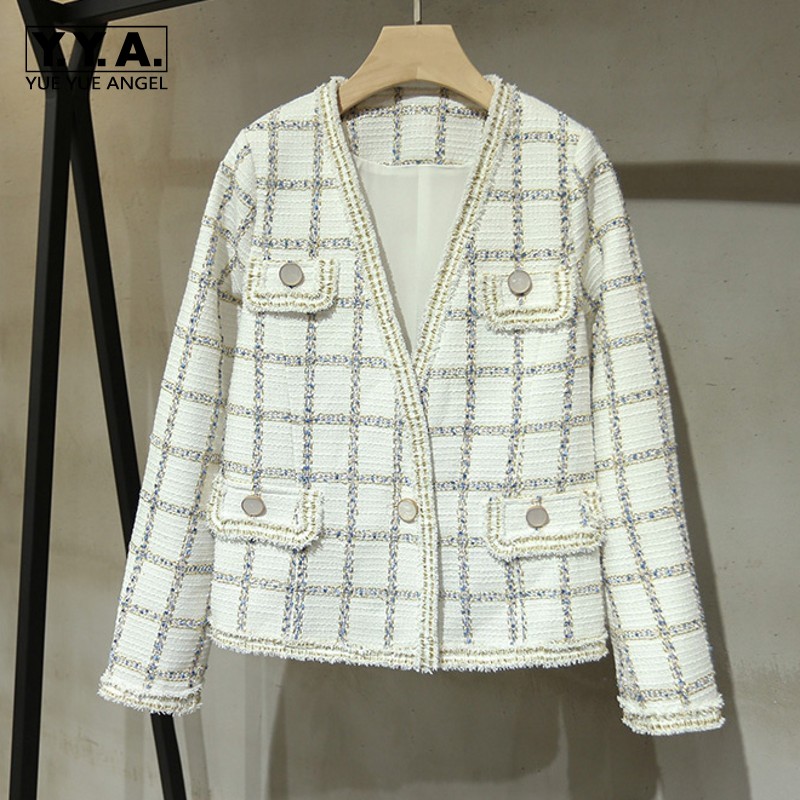

Autumn Brand New Fashion Womens Tassel Tweed Jackets Long Sleeve Single Button V-Neck Ladies Plaid Coats Slim Formal Party Wear, Skirts