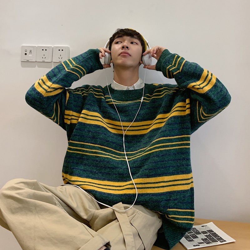 

2019 Winter Men's Fashion Trend Knitting Keep Warm Sweater Stripe Printing Coloured Pullover High-quality Coats Clothes -XL, Green