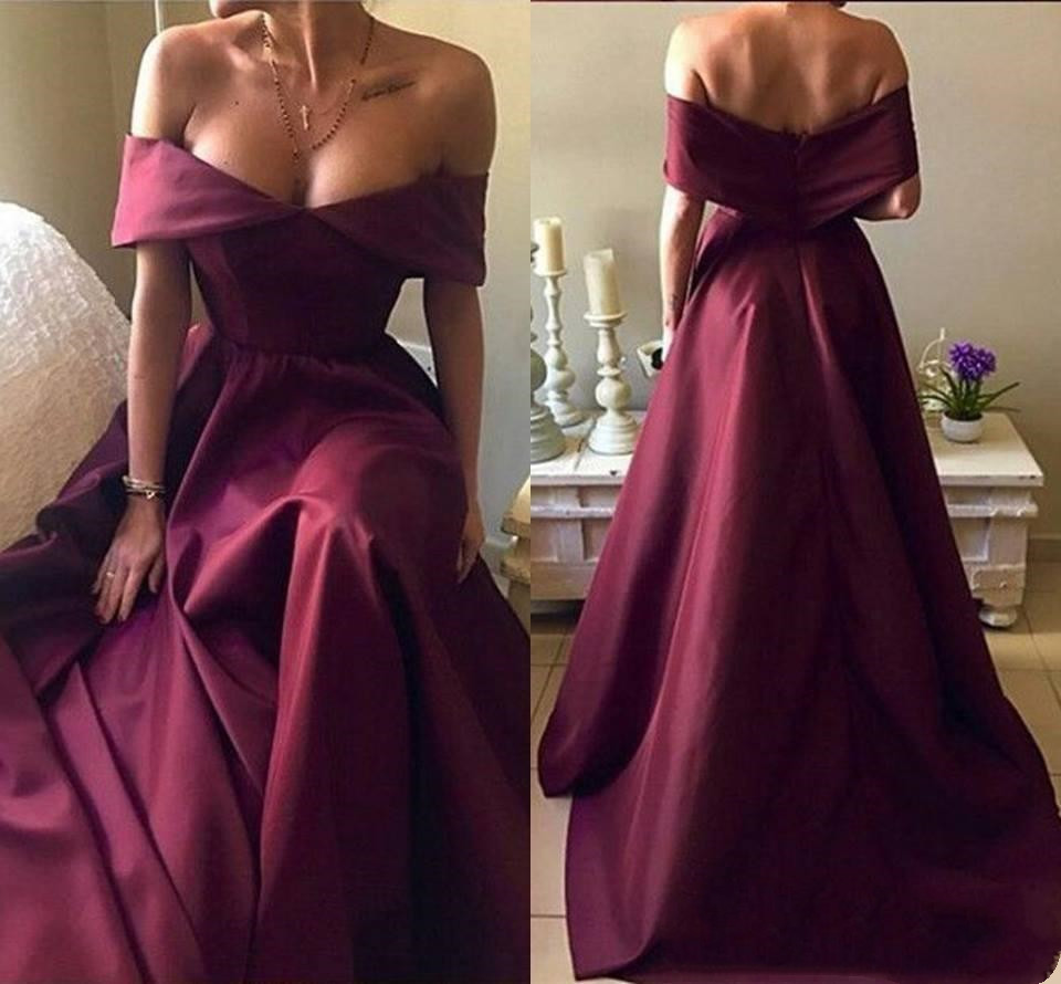 

2019 Burgundy Off Shoulders Satin Evening Dresses A Line Long Sweep Train Cheap Prom Gowns Vintage Special Occasion Wear, Champagne