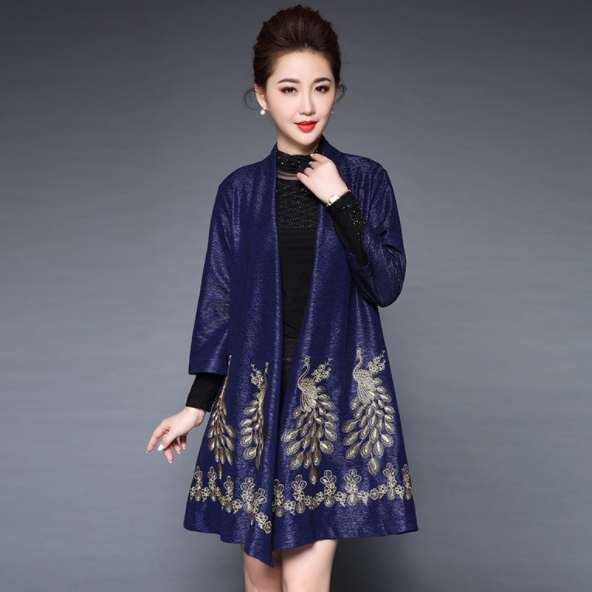 

Peacock Embroidery Cardigan Coat 2020 Spring Fall Elegant Mother Trench Shawl Loose Plus Size Women Long Outwear DA710, Black