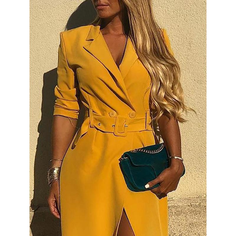

Womens Blazer With Belt Sleeve Notched Collar Open Fork Sexy Streetwear Party Dress Vestidos Long Dresses 2020 Autumn, Yellow