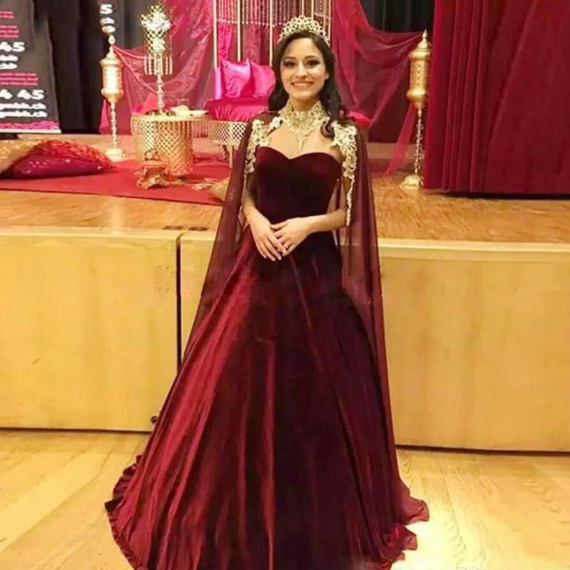 

Burgundy Velvet Evening Formal Dresses with Long Cape 2020 Luxury Gold Lace Detail Arabic Kaftan Middle East Kaftan Prom Gowns, Black