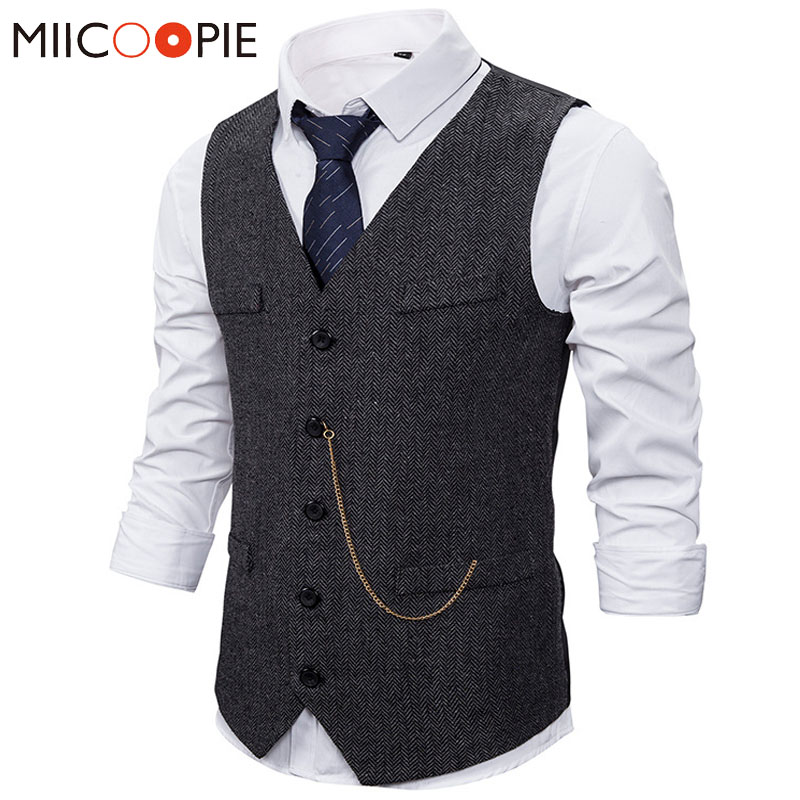 Formal Mens Suit Vest 2020 New Casual Chain Solid Color Business Tweed Vest Gilet Homme Costume Waistcoat For Wedding Groomsmen