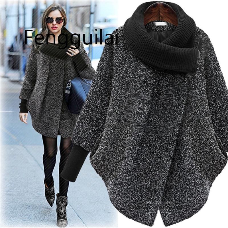 

Large Size Women' Woolen Coat 2020 Autumn Winter Wool Coat Knitted Turtleneck Thick Cashmere Cloak Female Jacket Plus Size 5XL, Black