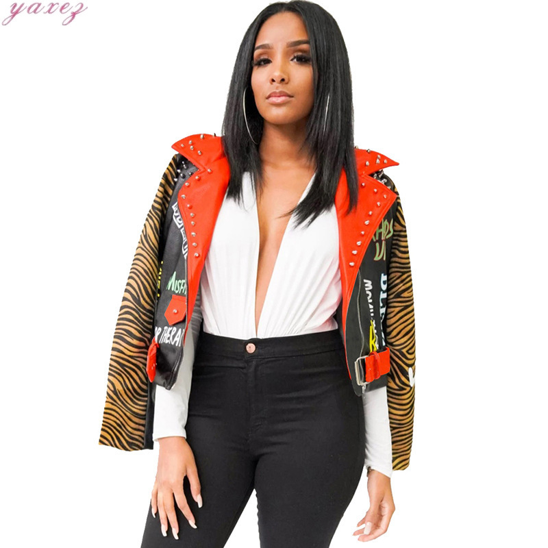 Impression en cuir à clouté pour femmes Casual Mode manteau Rivet Cool Show Charm Slim Slim Short Feminino Jacket Femmes Collier de refoulement