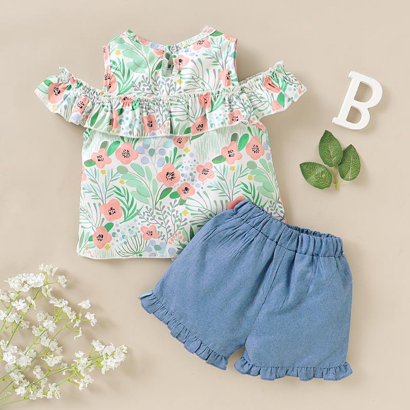 

Feitong Floral Print Ruffle Shirt Tops Summer Sets Baby Toddler Baby Girls Denim Shorts Outfits Off Shoulder 2pcs Set, Green