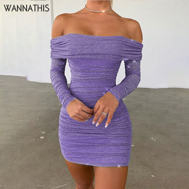 

Casual Dresses WannaThis Off Shoulder Long Sleeve MIni Slim Ruched Elastic Backless Purple Bodycon Women See-Through Sexy Party, Black