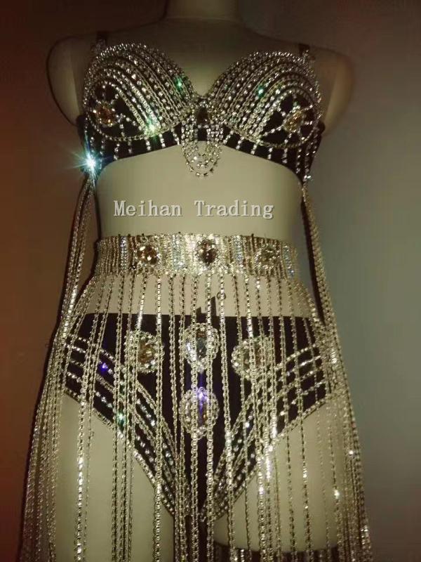 

Gold Crystals Long Tassel Bikini Outfit Wear Nightclub two-piece Set Party Sexy Costumes Rhinestones Bra Short Performance wear, As pic