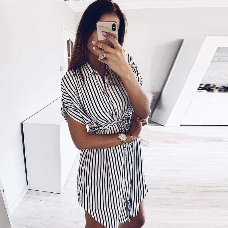 

SAGACE Women Dresses Summer 2020 Dresses Women Drawstring Bandage Short Sleeve Stripe Print Lapel beach Dress vestidos de verano