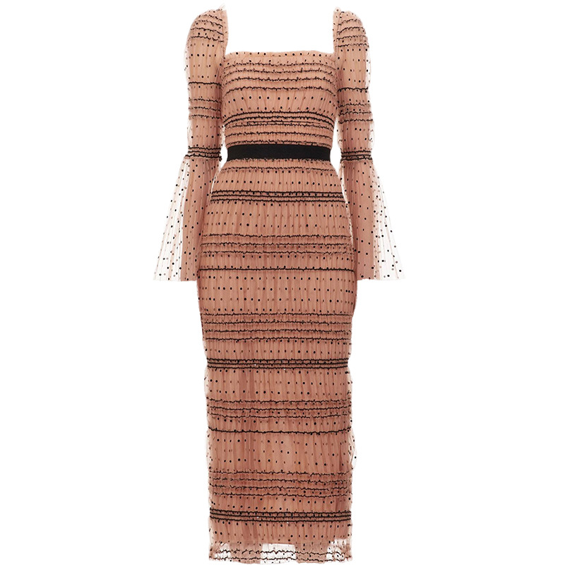 

2020 Winter new arrive mesh lace bodycon sexy women dress backless flare sleeve party dress high quality, Orange