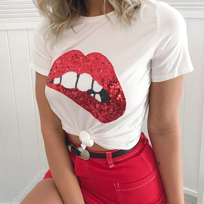 

2020 Women Summer Clothing 2019 Sexy Slim T-shirt Lips Pattern Shirts Pure White Female Plus Size Short Sleeve Tops