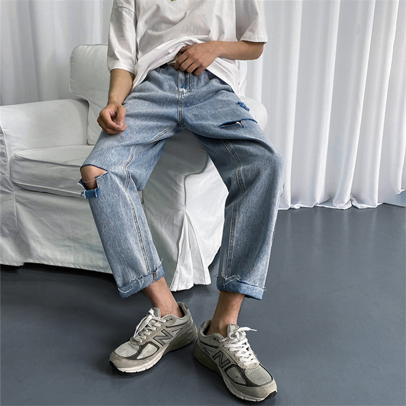 

Januarysnow Hole Jeans Men' Straight Tube Loose Summer Thin Style Trend Korean Versatile Nine Point Pants Net Red Tide Brand Wide Leg Pants, Blue