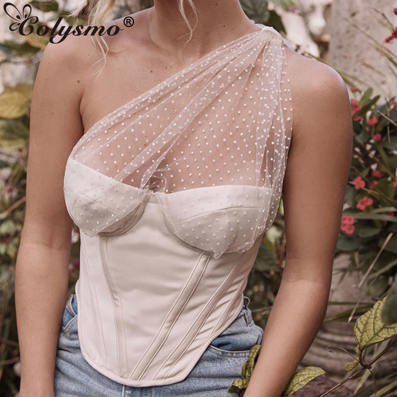 

Colysmo Vintage Crop Top Women 2020 New One Shoulder Polka Dot See Through Mesh Summer Tops Ladies Sexy Corset Cropped White