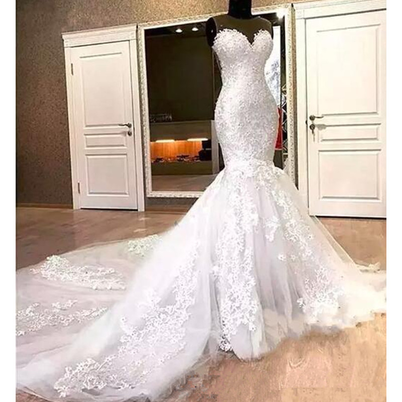 

Vintage Lace Mermaid Wedding Dress Sleeveless Bridal Dresses High Quality Custom Made Court Train Vestidos de Novia, White