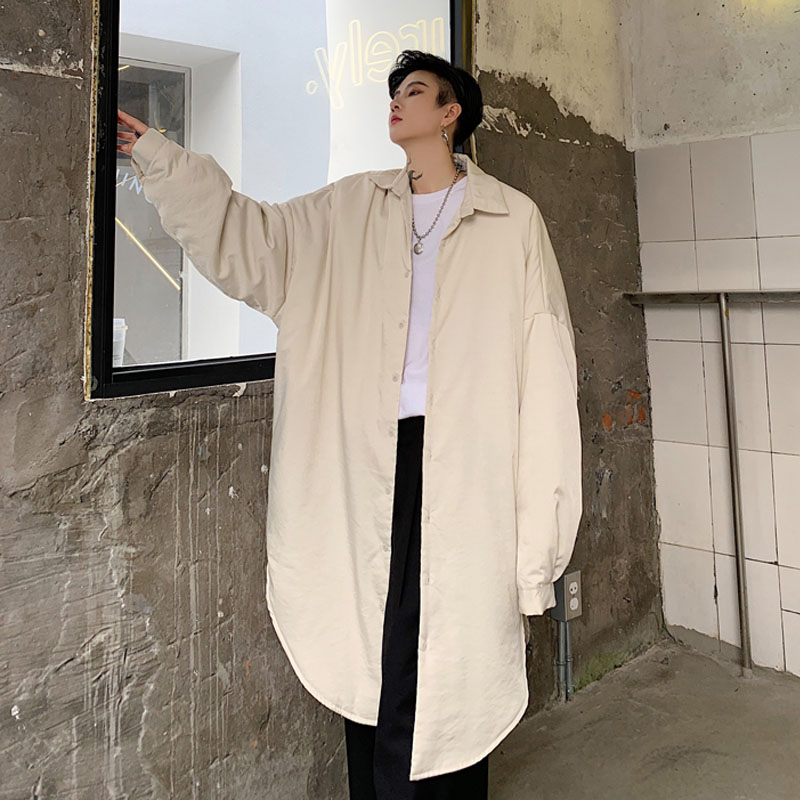

Men Oversize Long Sleeve Loose Casual Thick Cotton Padded Shirt Jacket Male Vintage Streetwear Hip Hop Long Shirt Coat Outerwear, W573 black