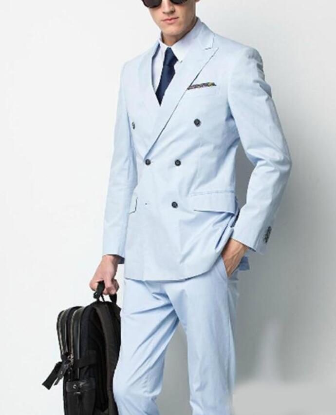 

Double Breasted Light Blue Wedding Groom Tuxedos for Mens Suits Groomsmen Best Man Suit 3 Piece Wedding Suits Bridegroom (Jacket+Pants+Tie, White