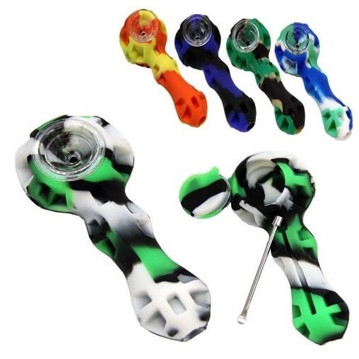 

DHL Silicon hand pipe with glass bowl random color Silicon dab rig Hookah Pipe glass bowl Metal dab tool in stock