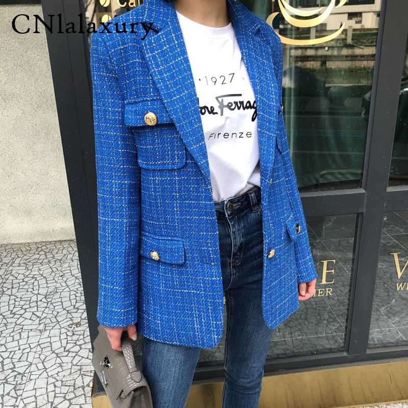

Autumn Plaid Tweed Office Blazers Women Vintage Single Breasted Long Sleeve Women' Jacket Blazer feminino Coat Female Outerwear, Blue
