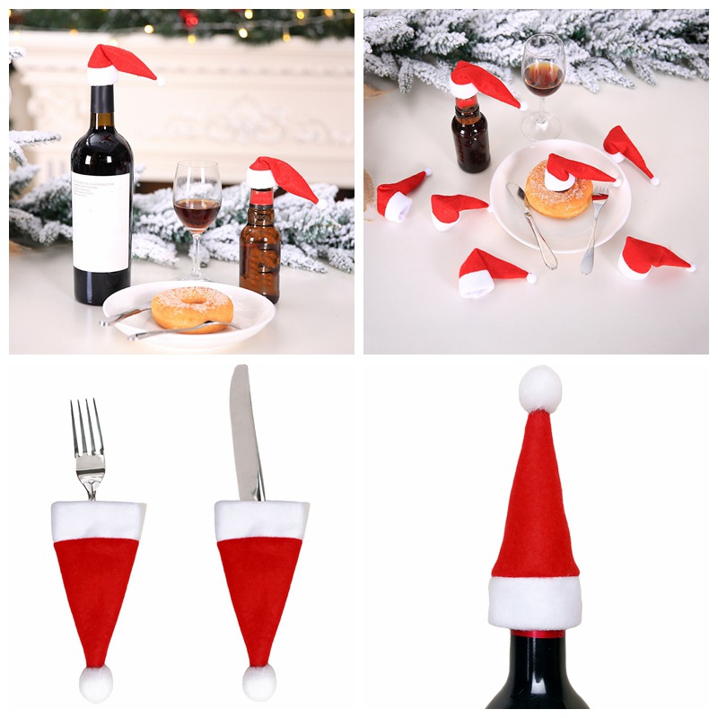 

10Pcs Bottle Christmas Hat Red Christmas Table Decoration Wine Bottle Cap Silver Tray Pocket