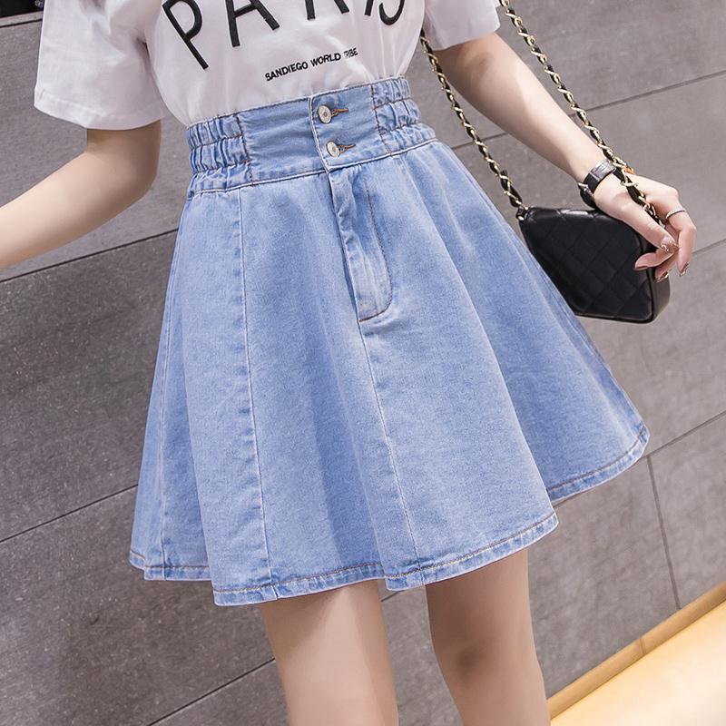 

Denim skirts women 2020 new spring summer Korean version of the small fresh college style high waist pleated skirts, Light-blue