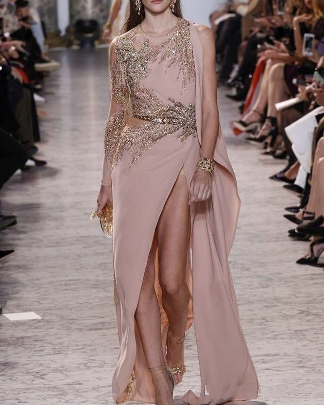 

Skin Pink Luxurious Beaded 2019 African Evening Dresses Sheath High Split Lace Prom Dresses Satin Formal Party Bridesmaid Pageant Gowns, Fuchsia