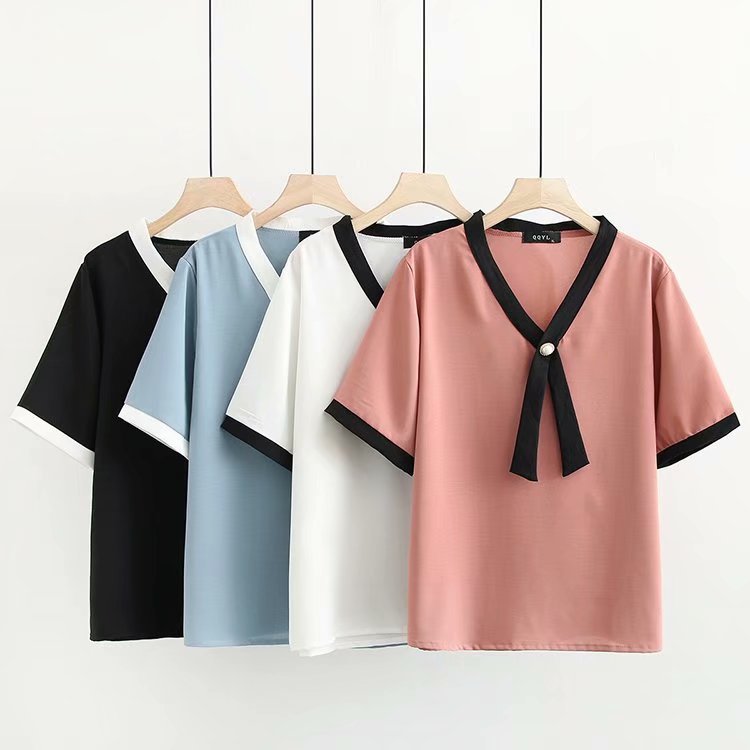 

2020 New Fashion Brand Oversize Plus Size Shirt Casual V-neck Short Solid, Black