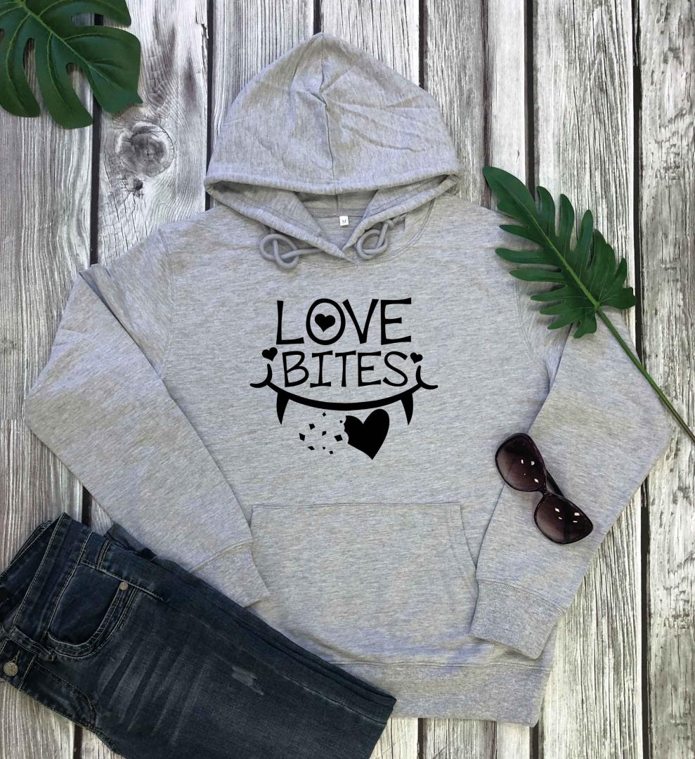 

love bites vampire gothic women fashion pure cotton casual graphic young street style holiday gift Valentine' Day hoodies tops, Yellow-black txt