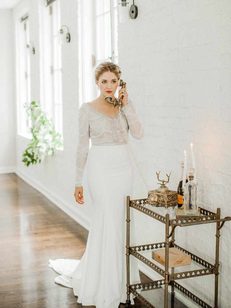 

Luxury Long Sleeve Berta Mermaid Wedding Dresses Bling Handmade Pearls Crystal Silk Chiffon V Neckline Backless Wedding Bridal Gowns, Ivory