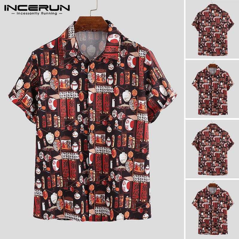 

INCERUN Men Printed Shirts Casual Short Sleeve Lapel Shirt Chinese Style Vintage Printing Shirt Man Loose Button Holiday Blouse, Black