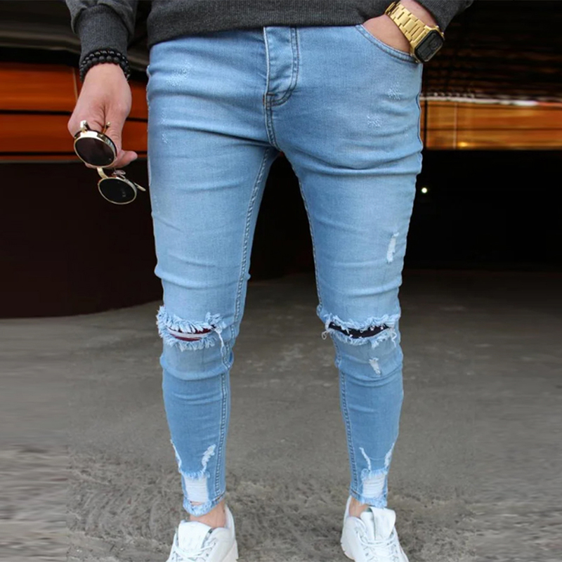 

Men Skinny Denim Pants Ripped Distressed Jeans Slim Fit Pencil Pants Washed Hole Denim Trouser Streetwear Jeans Pantalones Homme, Dark blue