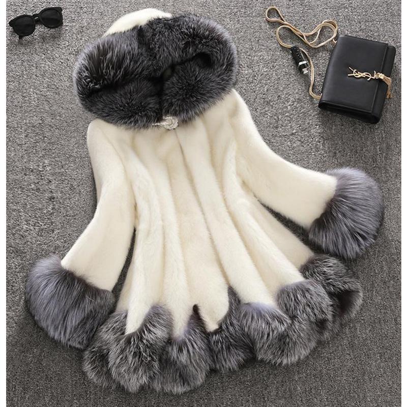 

Fur Coat Female Fur Mink Hair Medium Length Hooded Slim Winter Jacket Coat Collar Natural Liner Long Outerwear, Black