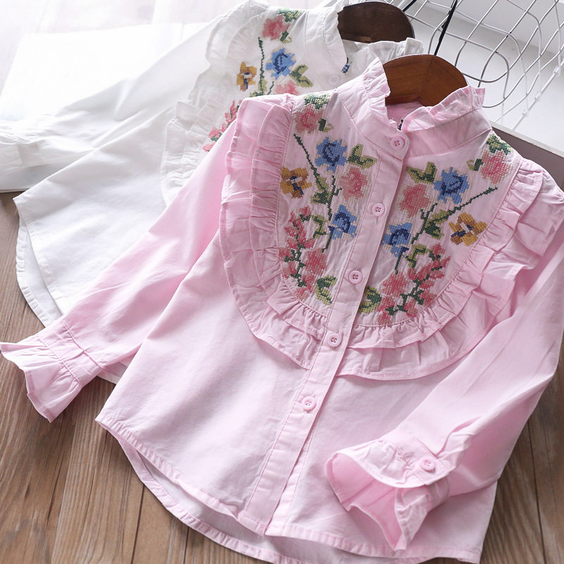 

2020 Spring Plum Blossom Embroidery Stand Collar Girl's Shirt Children's Tops Wholesale, Pink