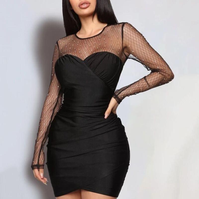

Formal Dress Women Elegant Fashion Sexy Long Sleeve Mesh Sequin Panel Slim Fit Bodycon Solid Evening Party Dresses vestido, Black