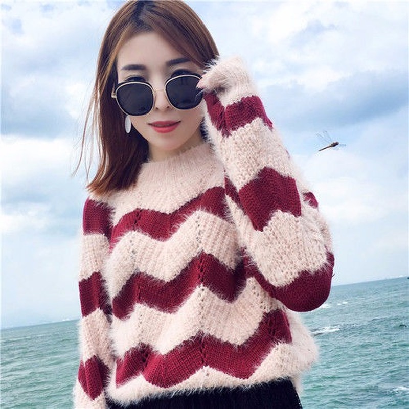 

2020 spring and autumn mohair loose slimming slim sweater women long-sleeved wave striped color matching sweater, Black