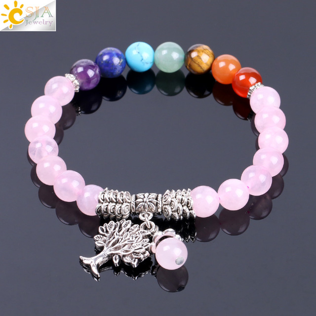 Naturel Rose Crystal Quartz 7 Chakra Gem Pierre Perle Bracelet Pendentif Pendentif Prière Hearing Stretch Bangles Bijoux N124