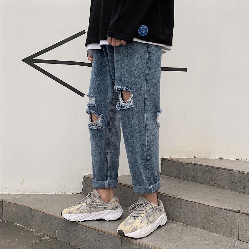 

Boys' pants ins Tide brand hole jeans loose straight ankle-length pants autumn Korean style fashion 9 points begging, Blue