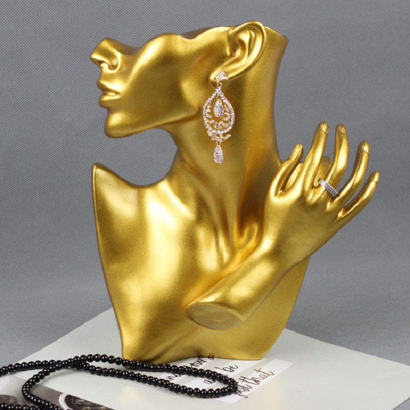 

Creative Fashion Resin Gold Mannequin Head Jewelry Display Rack Prop Holder Set For Bracelet Necklace& Ring Display