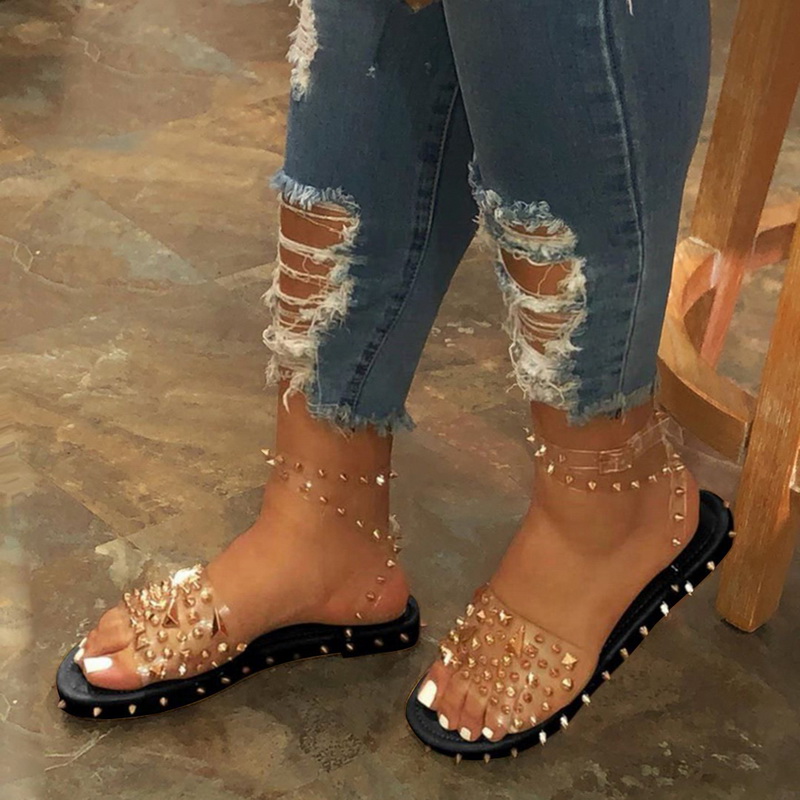 

2020 Sandals Women Transparent Flats Shoes Large Size Female Clear Shoes With Rivet Ladies Roman Beach Sandalias Mujer, Black